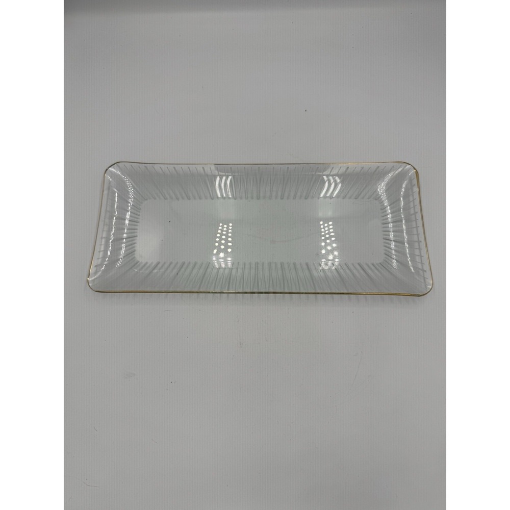 Vtg MCM  Glass Rectangular Serving Tray / Platter, gold lined sides 13.5" x 5.5"